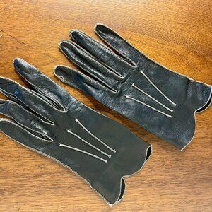 Loro Piana Black Goat Skin Leather Gloves with White Top Stitch Women Sz M